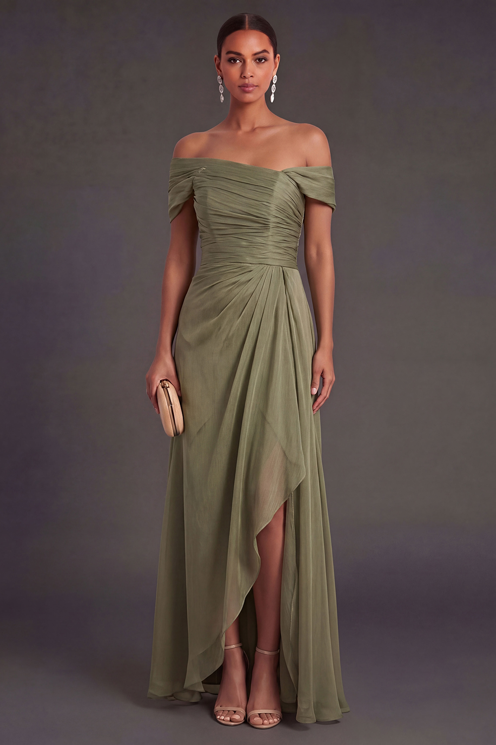 Dusty Sage Sheath Off the Shoulder Ruched Long Formal Dress with Cape