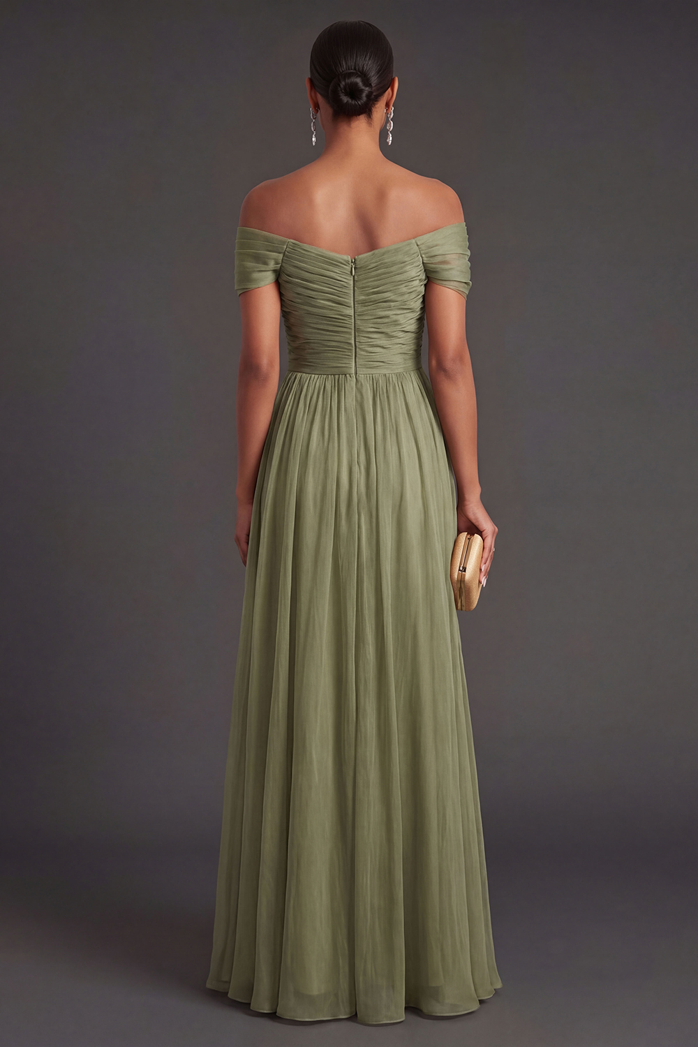 Dusty Sage Sheath Off the Shoulder Ruched Long Formal Dress with Cape