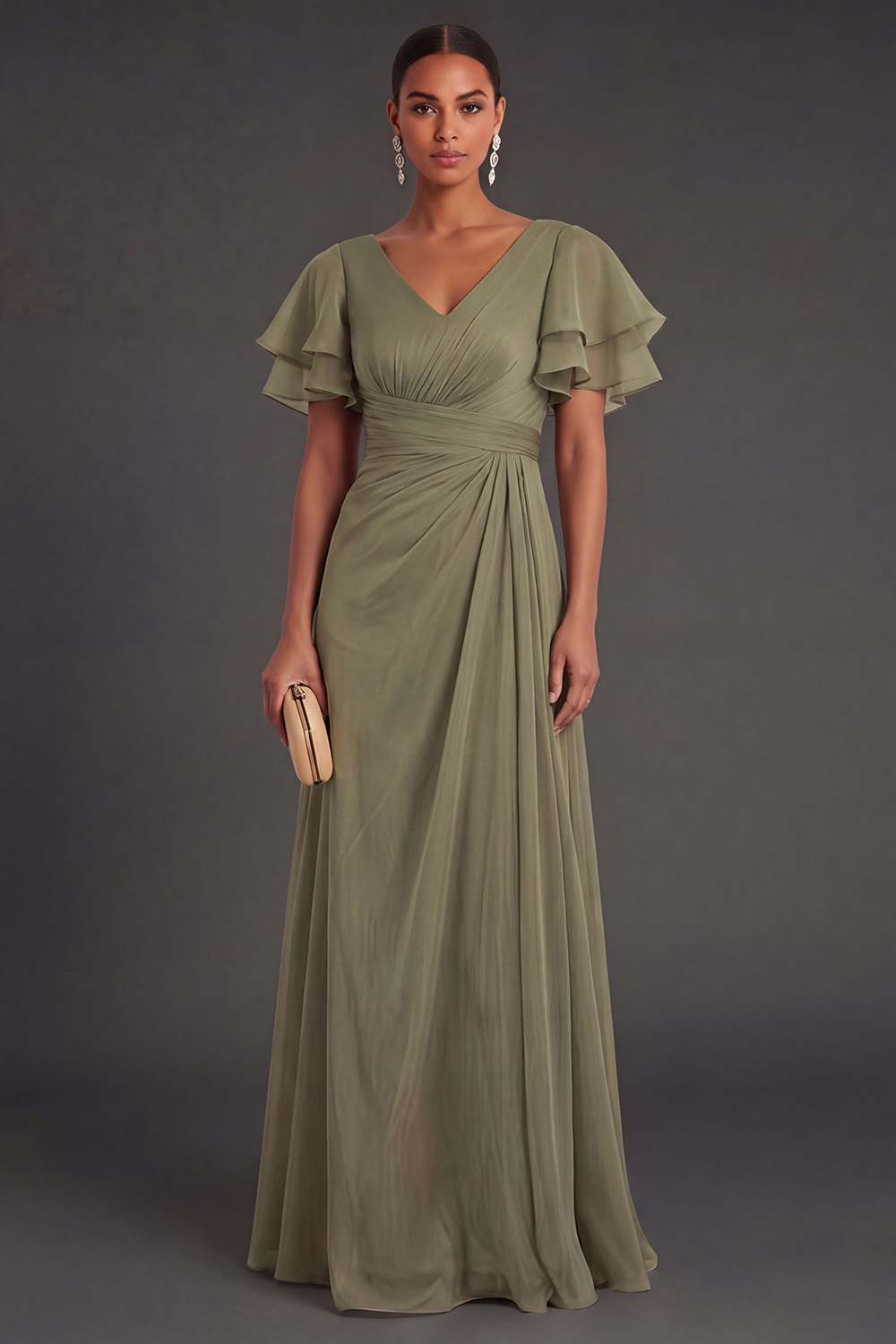 Leely Women Dusty Sage Sheath V Neck Ruched Long Formal Dress Backless Flutter Sleeves Evening Dress
