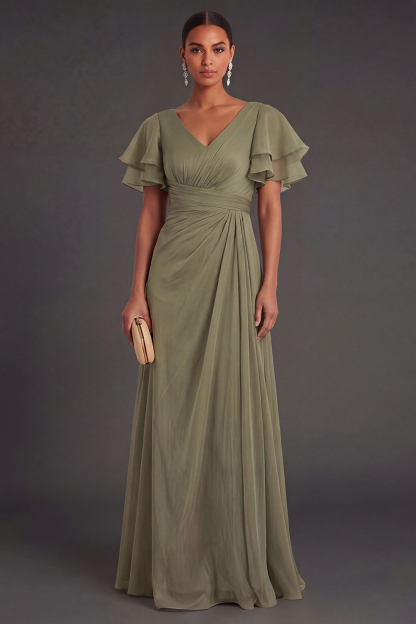 Leely Women Dusty Sage Sheath V Neck Ruched Long Formal Dress Backless Flutter Sleeves Evening Dress