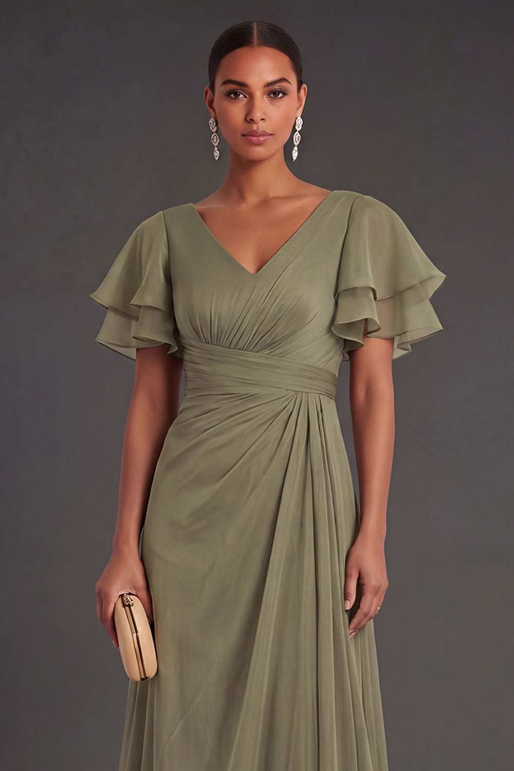 Dusty Sage Sheath V Neck Ruched Long Formal Dress