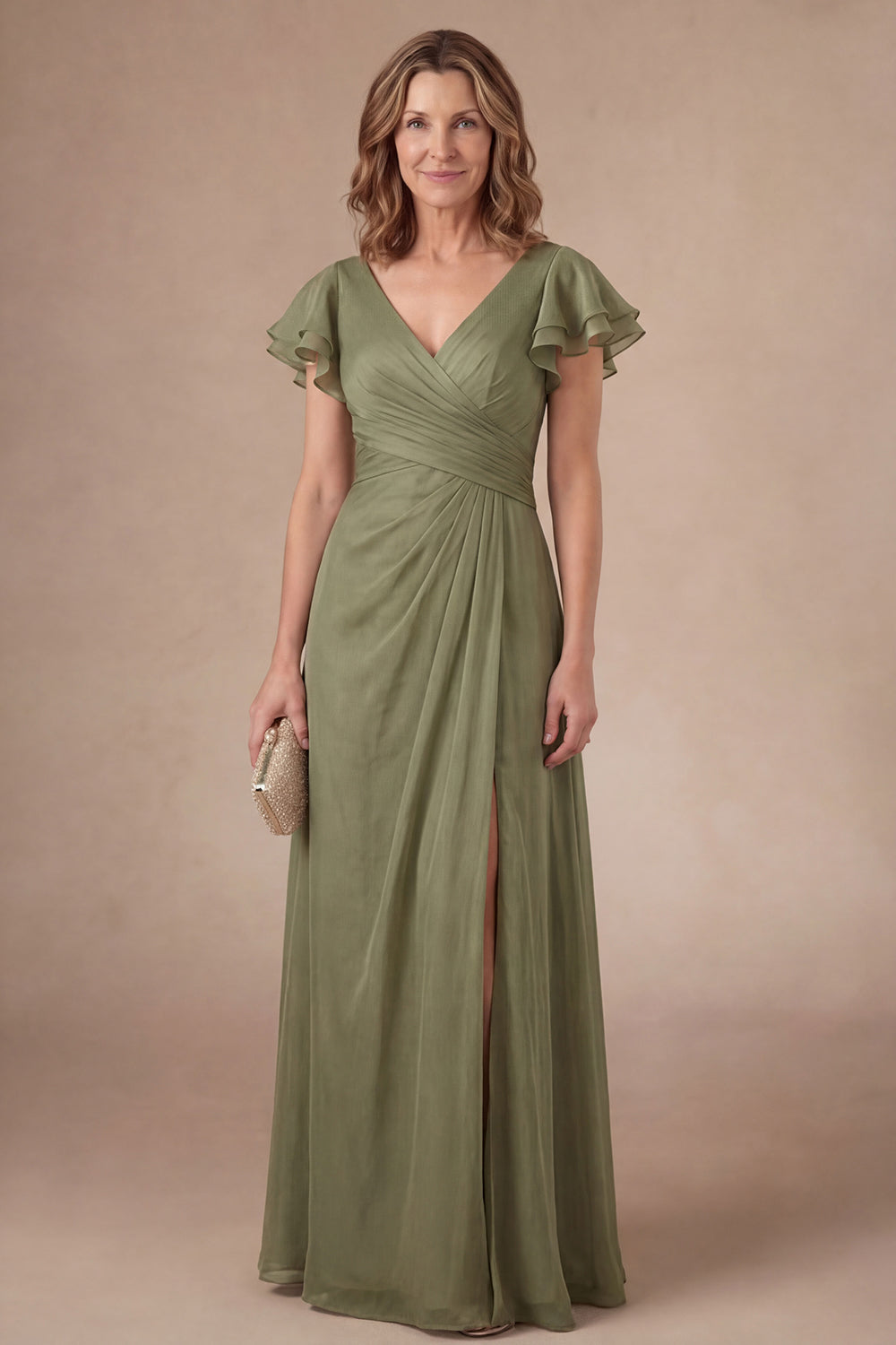 Ruched Dusty Sage Sheath V Neck Long Mother of the Bride Dress
