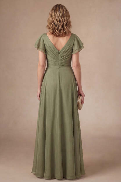Ruched Dusty Sage Sheath V Neck Long Mother of the Bride Dress