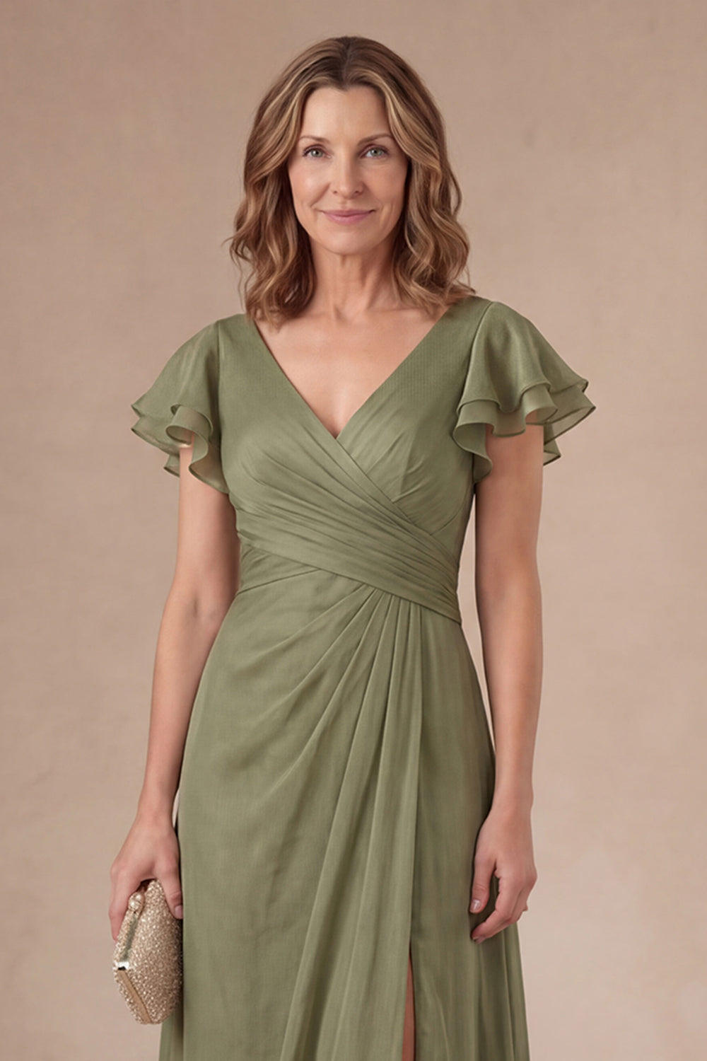 Ruched Dusty Sage Sheath V Neck Long Mother of the Bride Dress