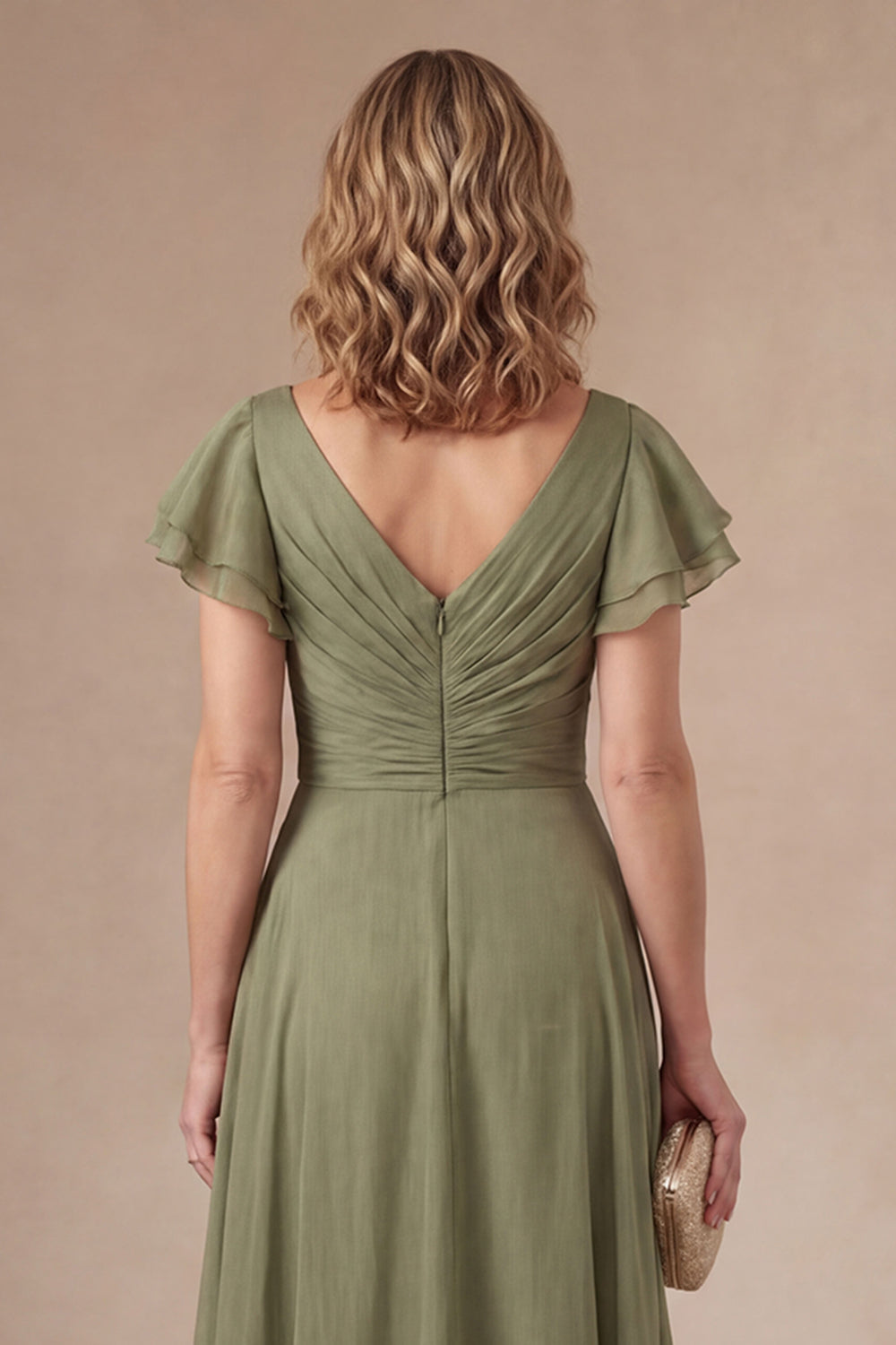 Ruched Dusty Sage Sheath V Neck Long Mother of the Bride Dress