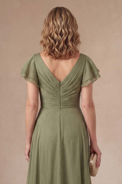 Ruched Dusty Sage Sheath V Neck Long Mother of the Bride Dress