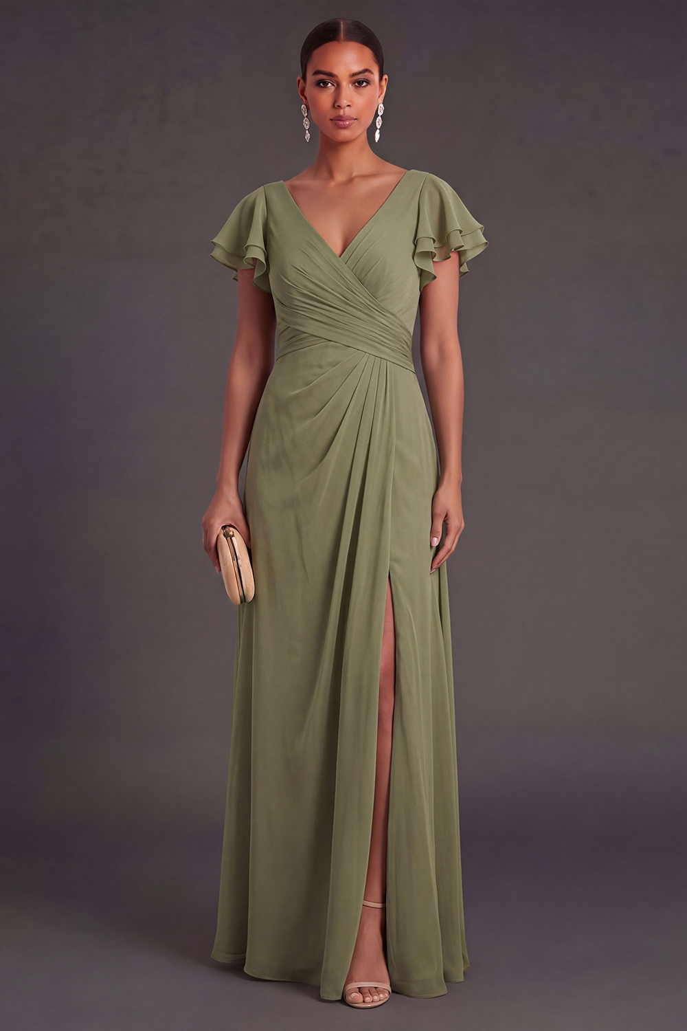 Leely Women Ruched Dusty Sage Sheath Long Formal Dress V Neck Flutter Sleeves Wedding Guest Dress