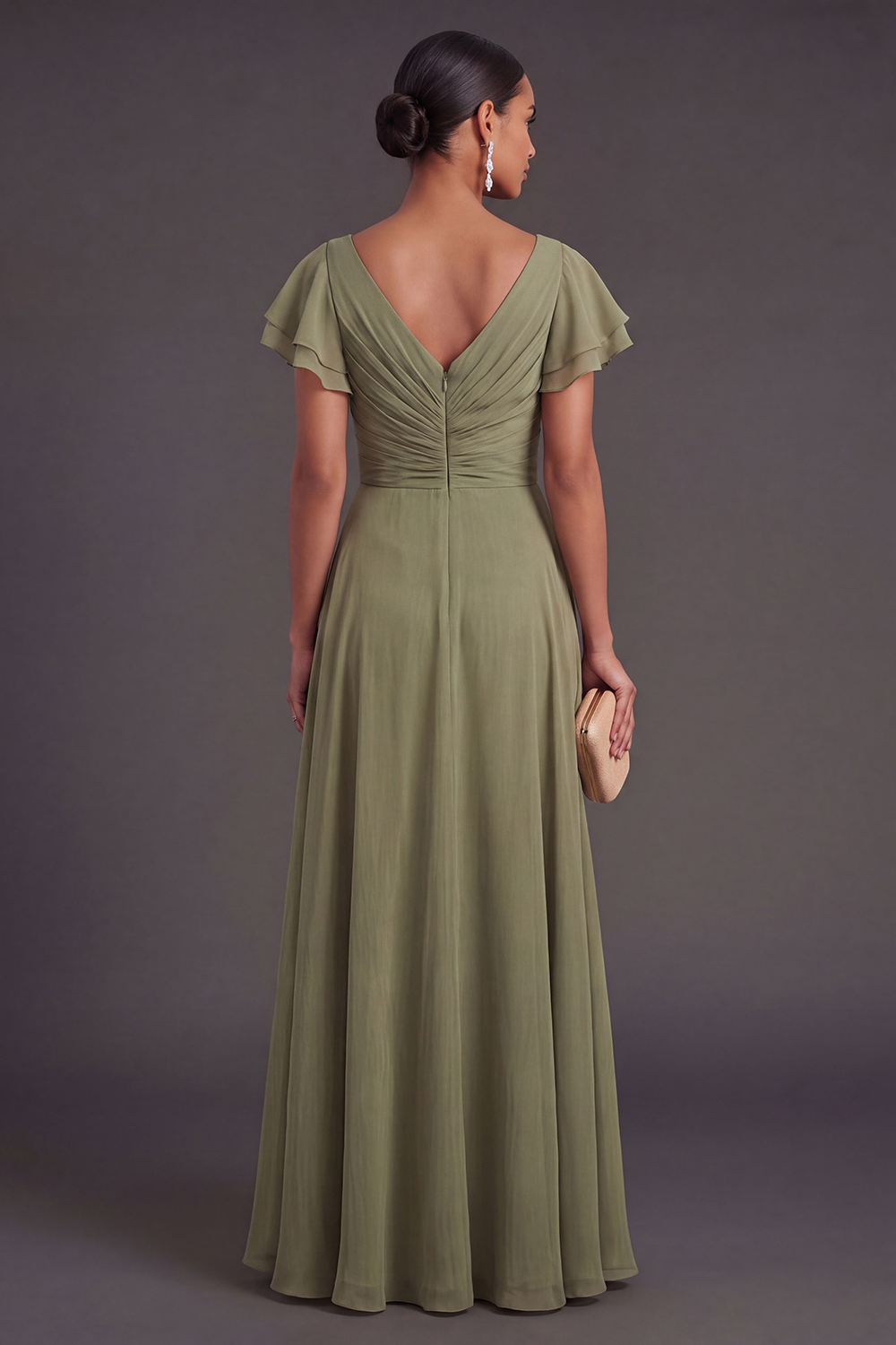 Ruched Dusty Sage Sheath V Neck Long Formal Dress