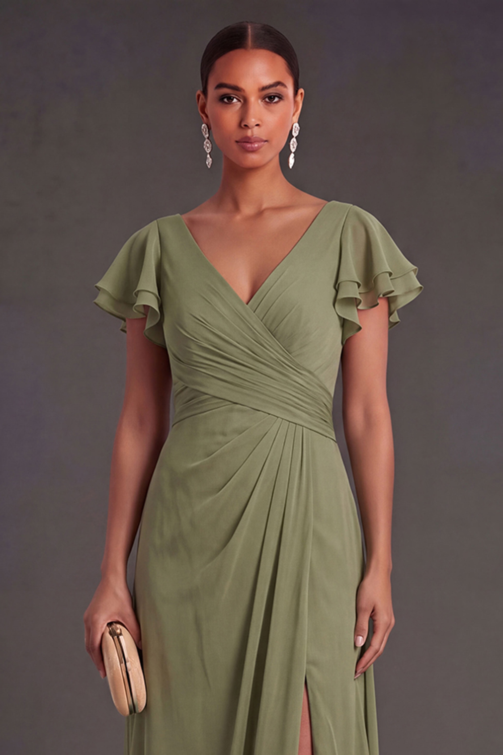 Ruched Dusty Sage Sheath V Neck Long Formal Dress
