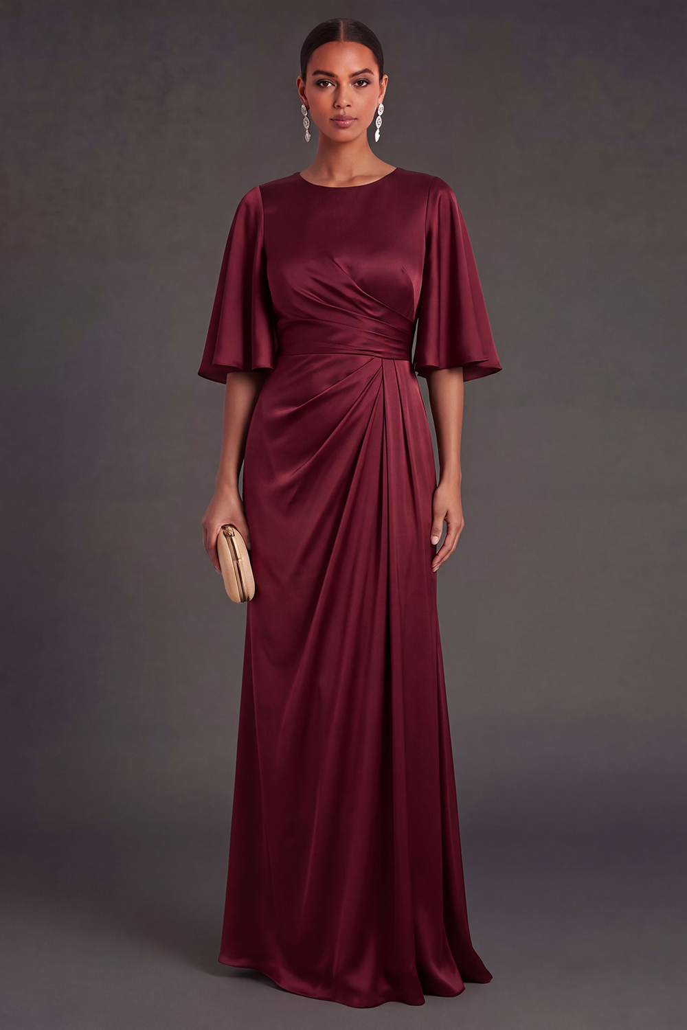 Red Sheath Satin Round Neck Ruched Long Formal Dress