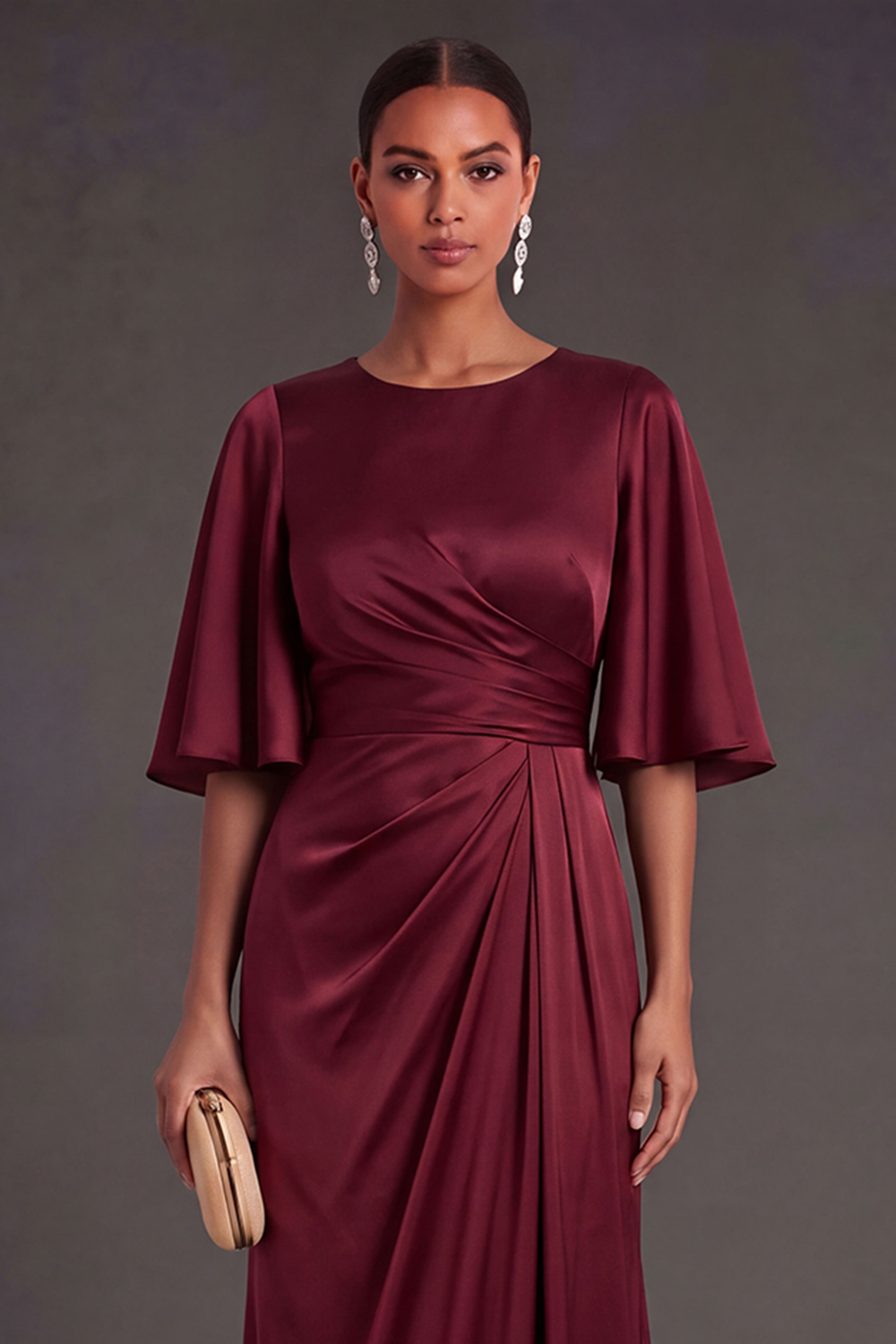 Red Sheath Satin Round Neck Ruched Long Formal Dress