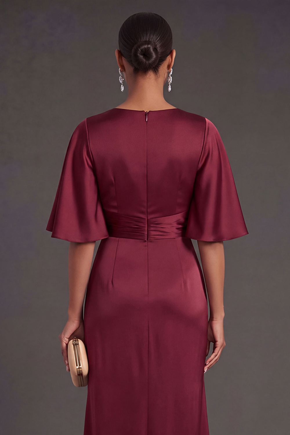 Red Sheath Satin Round Neck Ruched Long Formal Dress