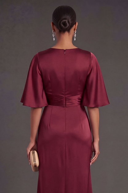 Red Sheath Satin Round Neck Ruched Long Formal Dress