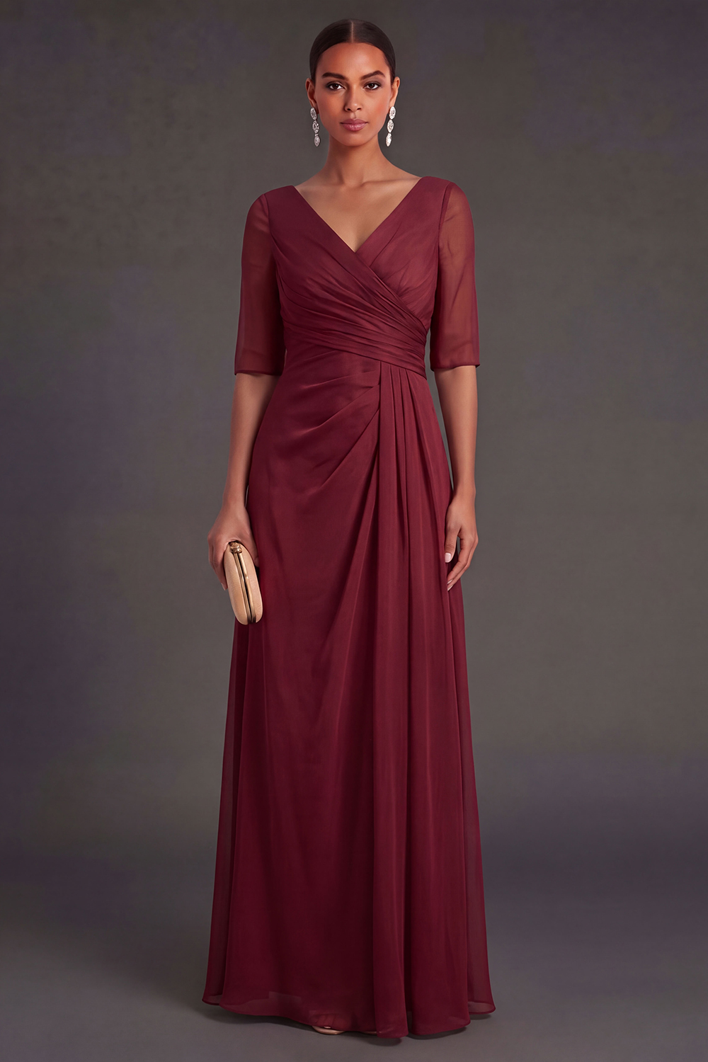 Red Sheath V Neck Short Sleeves Ruched Long Wedding Guest Dress