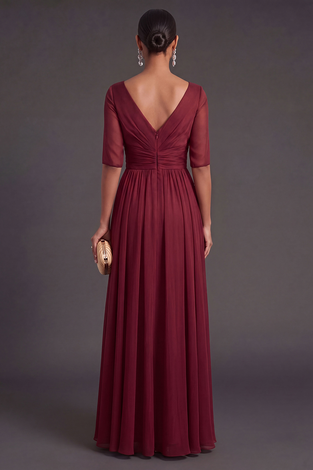 Red Sheath V Neck Short Sleeves Ruched Long Wedding Guest Dress