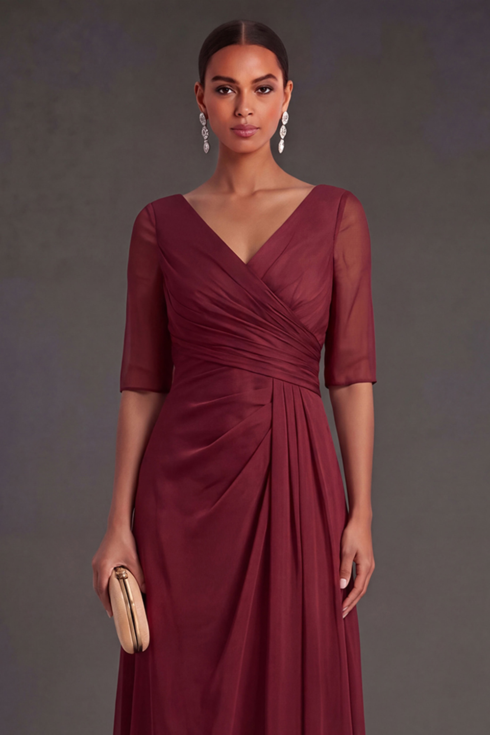 Red Sheath V Neck Short Sleeves Ruched Long Wedding Guest Dress
