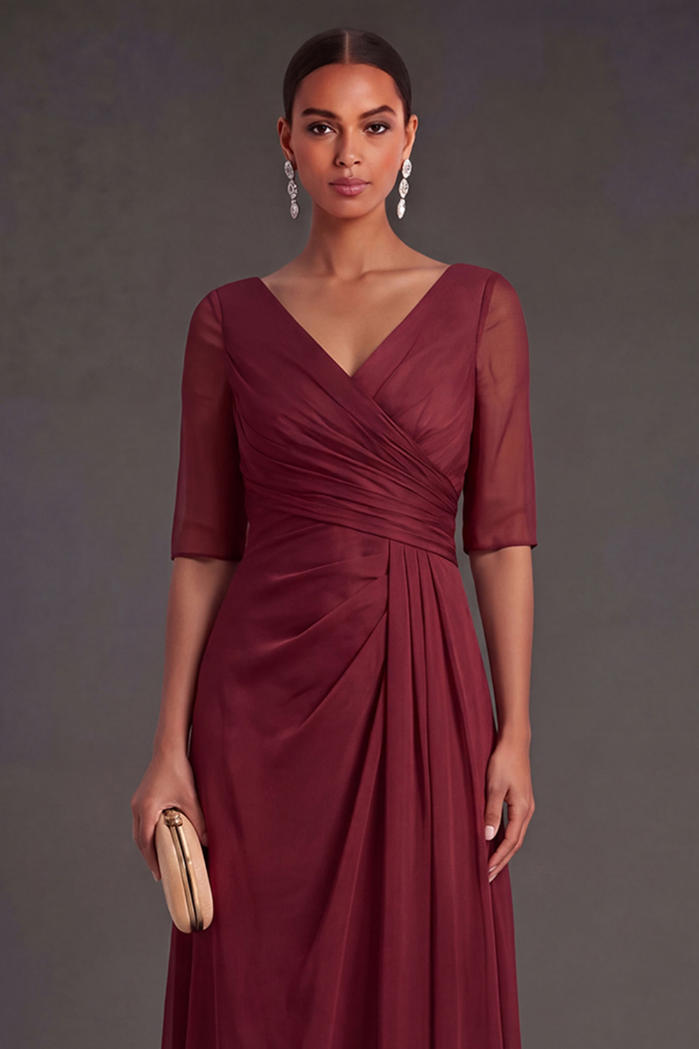 Red Sheath V Neck Short Sleeves Ruched Long Wedding Guest Dress