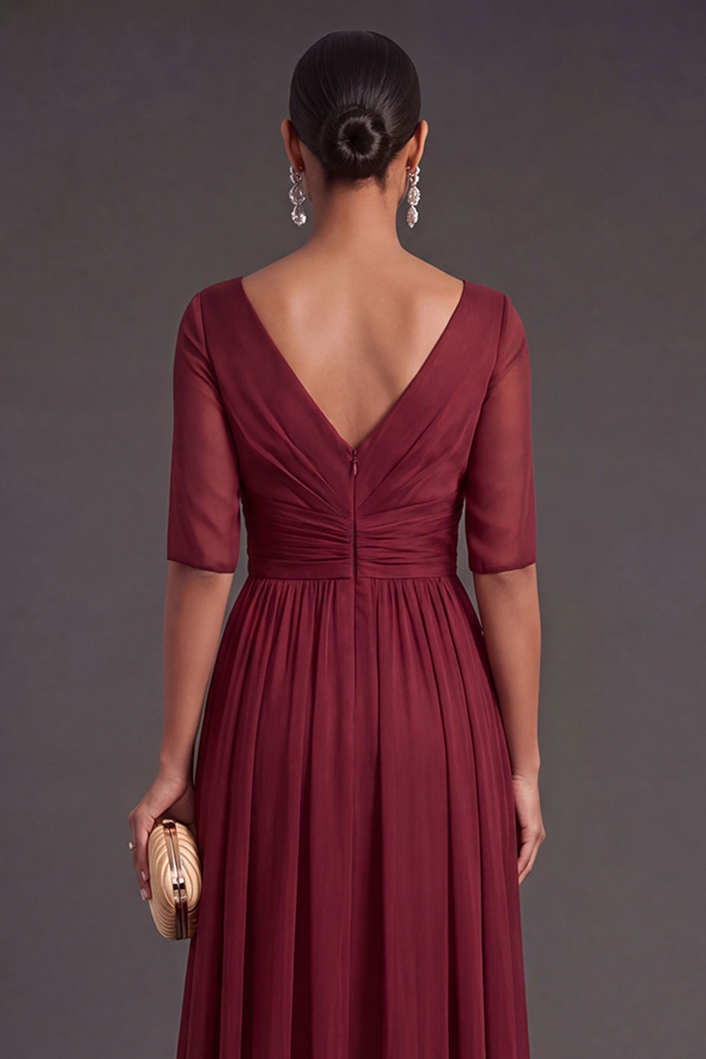 Red Sheath V Neck Short Sleeves Ruched Long Wedding Guest Dress