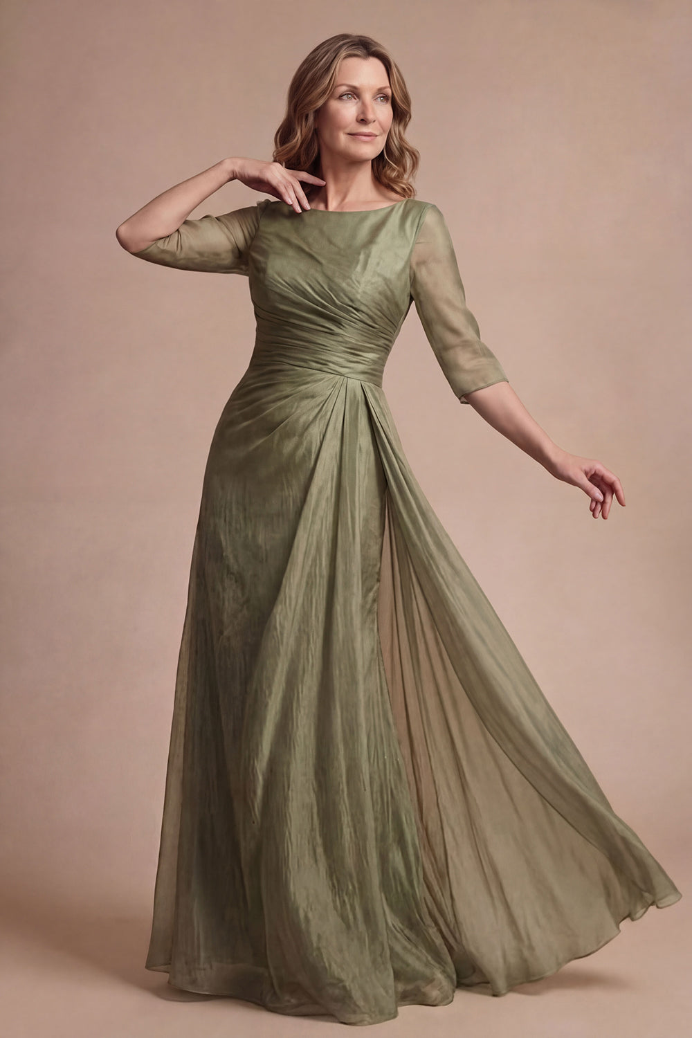 Leely Women Dusty Sage A Line Long Mother of the Bride Dress Round Neck Half Sleeves Formal Dress