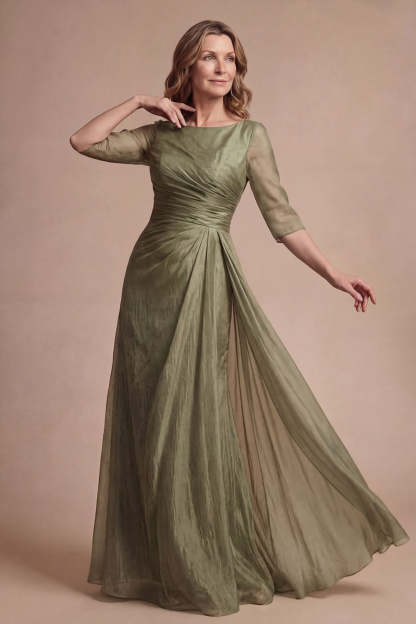 Leely Women Dusty Sage A Line Long Mother of the Bride Dress Round Neck Half Sleeves Formal Dress