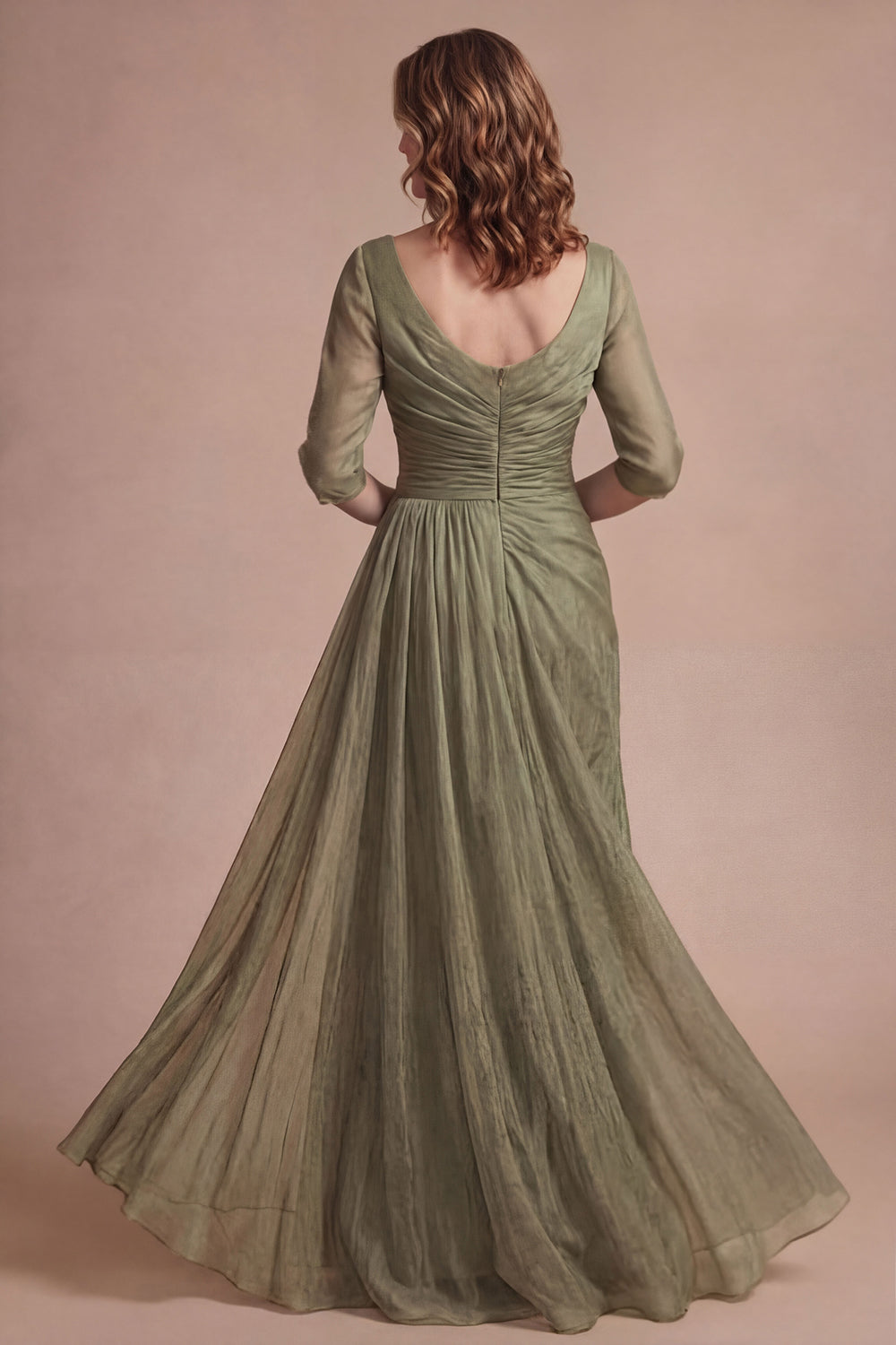 Dusty Sage A Line Round Neck Half Sleeves Long Mother of the Bride Dress