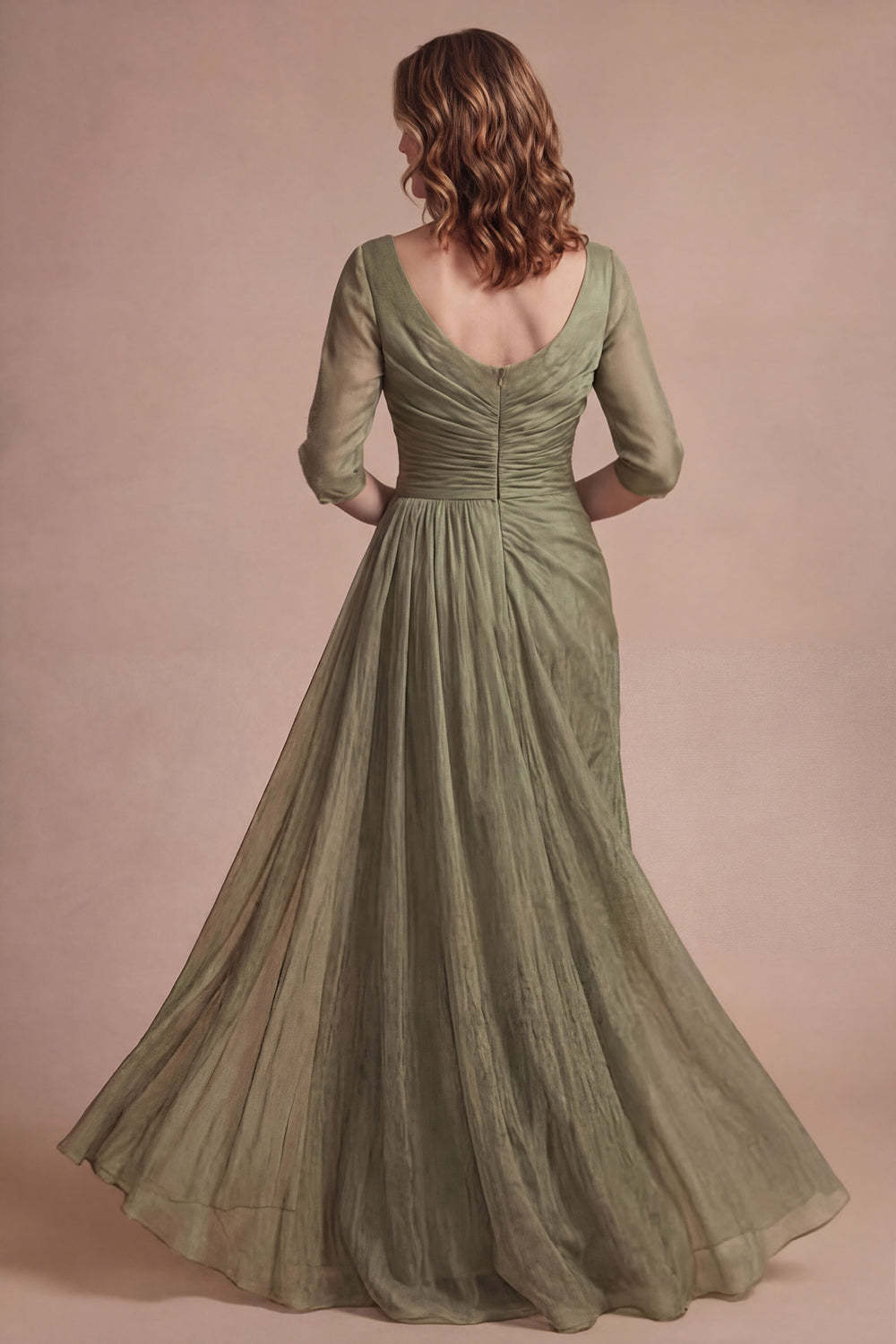 Dusty Sage A Line Round Neck Half Sleeves Long Mother of the Bride Dress