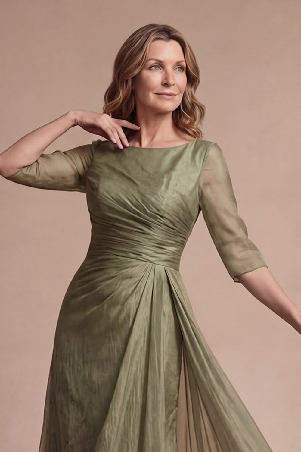 Dusty Sage A Line Round Neck Half Sleeves Long Mother of the Bride Dress