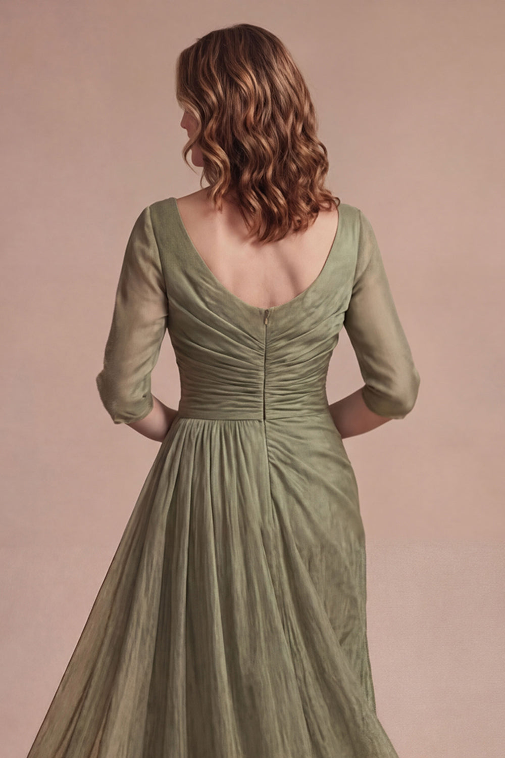 Dusty Sage A Line Round Neck Half Sleeves Long Mother of the Bride Dress