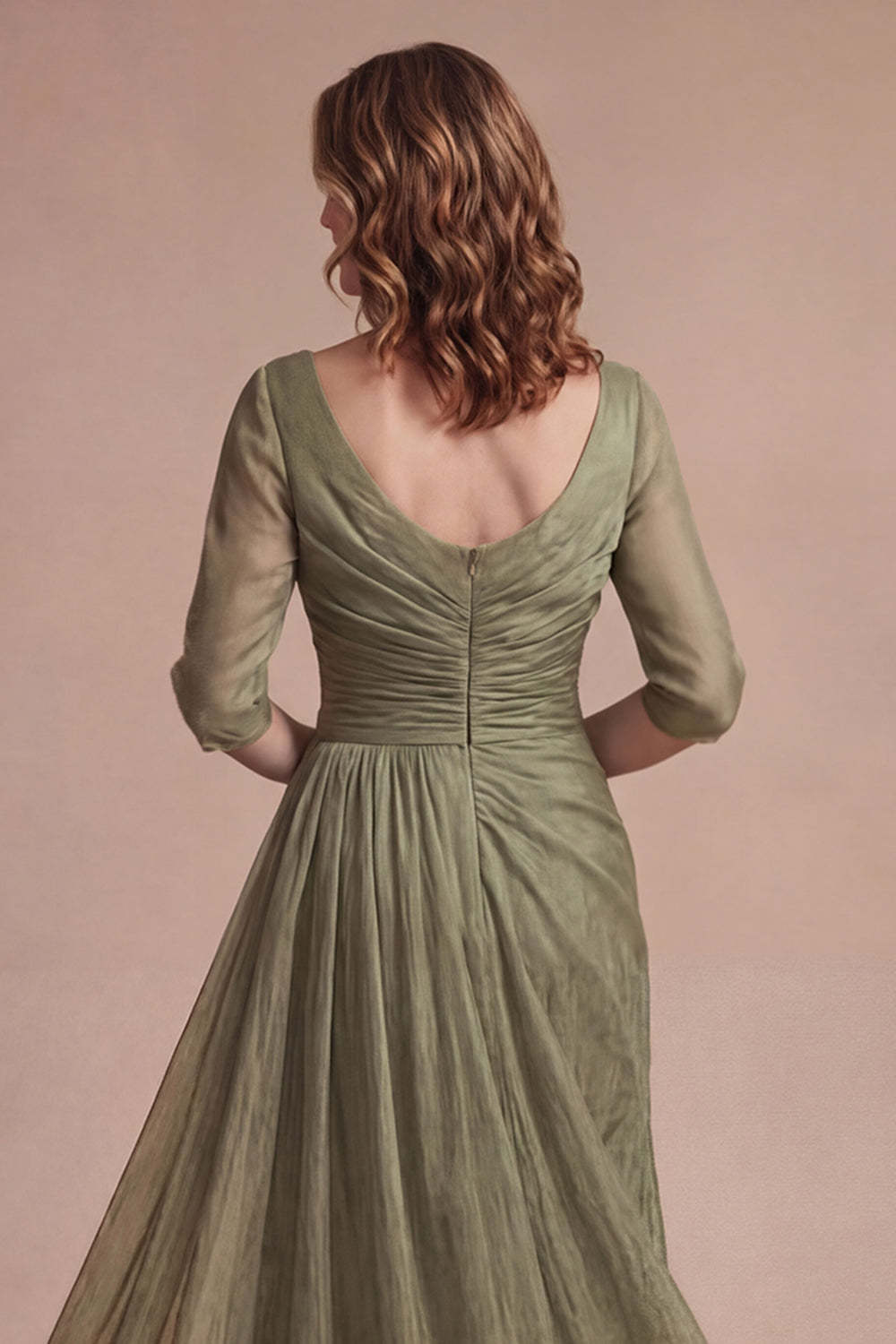 Dusty Sage A Line Round Neck Half Sleeves Long Mother of the Bride Dress