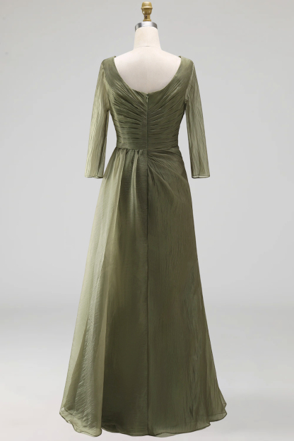 Dusty Sage A Line Round Neck Half Sleeves Long Mother of the Bride Dress
