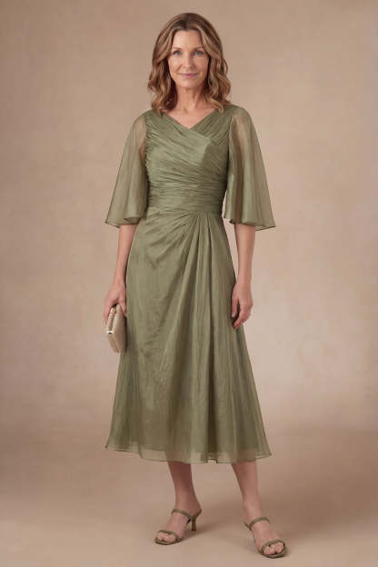 Leely Women Dusty Sage Sheath Half Sleeves Midi Mother of the Bride Dress Ruched V Neck Evening Dress