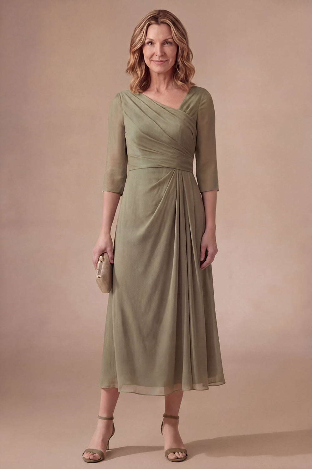 Leely Women Dusty Sage Sheath Half Sleeves Midi Mother of the Bride Dress V Neck Backless Wedding Guest Dress