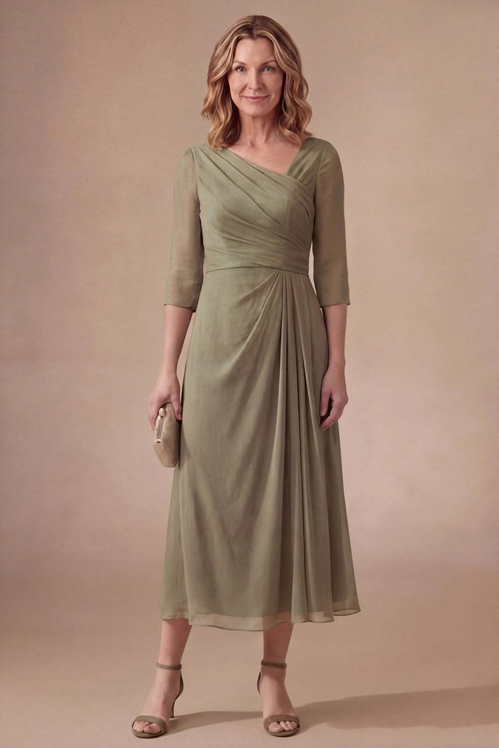 Leely Women Dusty Sage Sheath Half Sleeves Midi Mother of the Bride Dress V Neck Backless Wedding Guest Dress