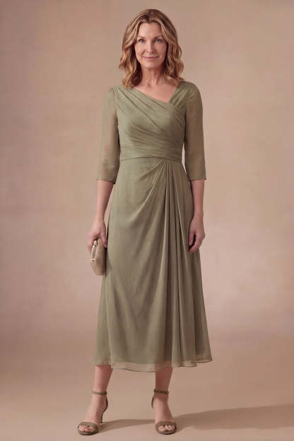 Leely Women Dusty Sage Sheath Half Sleeves Midi Mother of the Bride Dress V Neck Backless Wedding Guest Dress