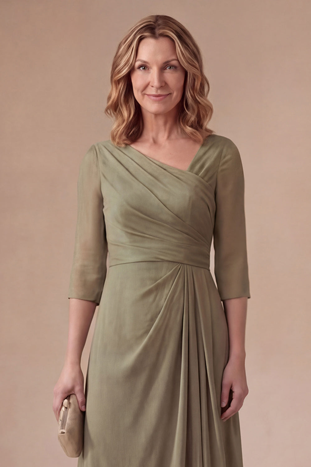 V Neck Dusty Sage Sheath Half Sleeves Midi Mother of the Bride Dress