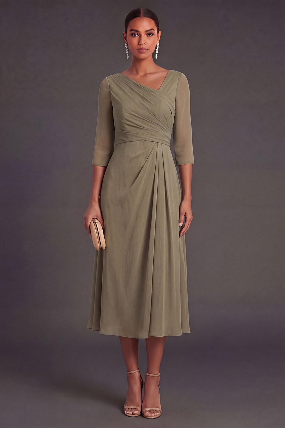 Leely Women Dusty Sage Sheath Half Sleeves Midi Wedding Guest Dress V Neck Backless Formal Dress