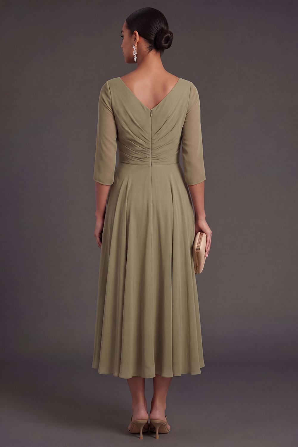V Neck Dusty Sage Sheath Half Sleeves Midi Wedding Guest Dress