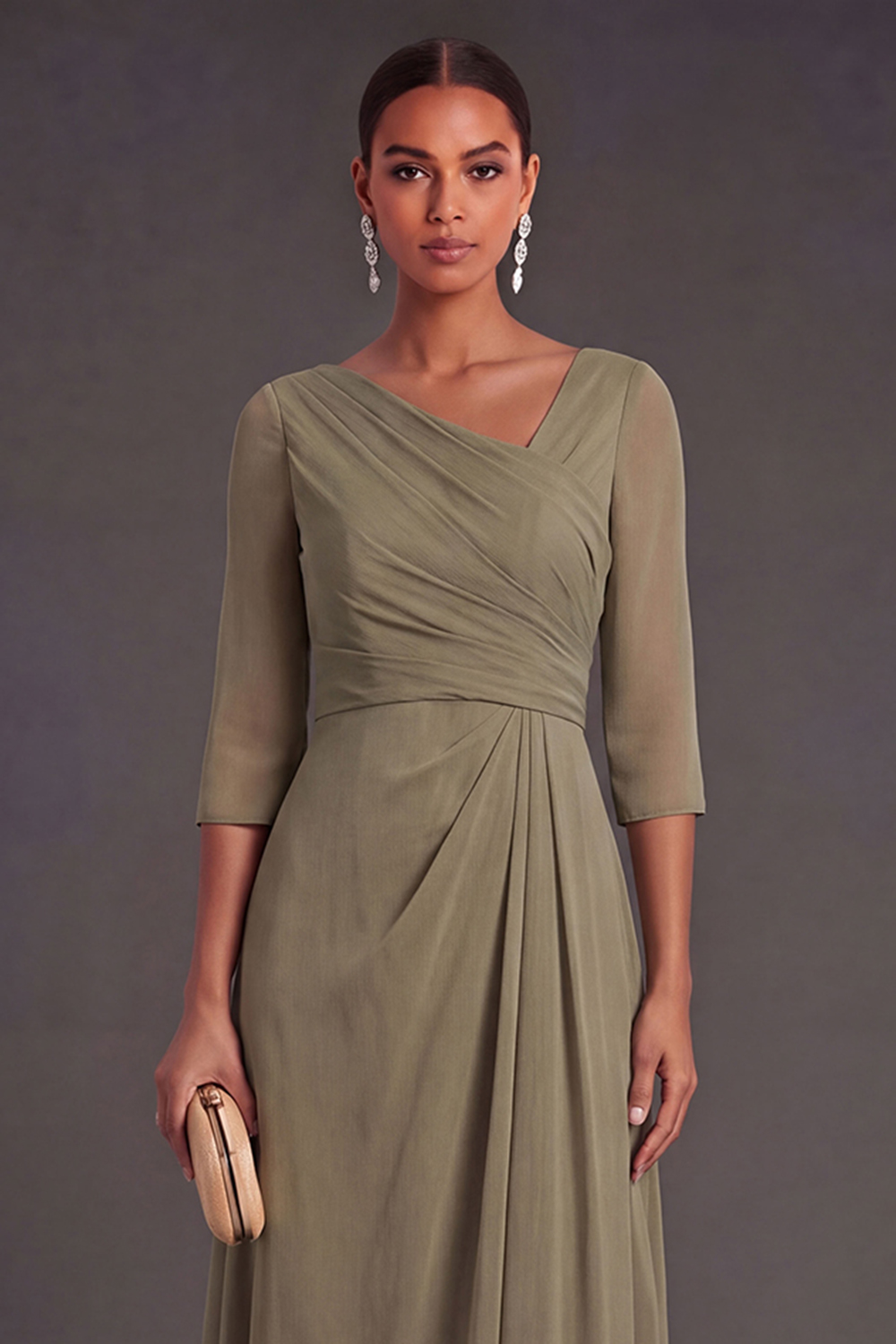V Neck Dusty Sage Sheath Half Sleeves Midi Wedding Guest Dress