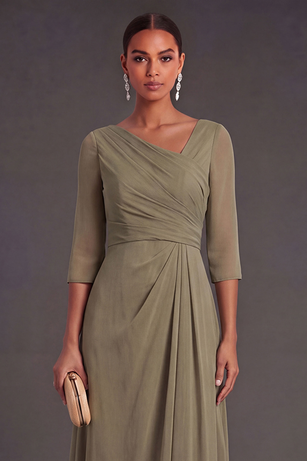 V Neck Dusty Sage Sheath Half Sleeves Midi Wedding Guest Dress