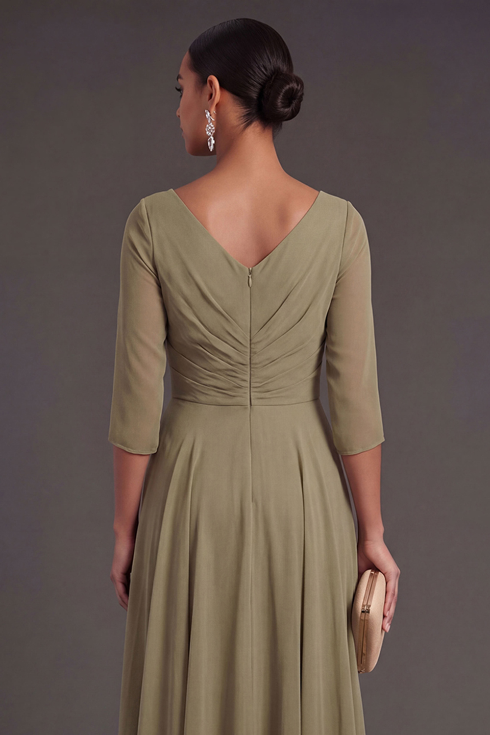 V Neck Dusty Sage Sheath Half Sleeves Midi Wedding Guest Dress