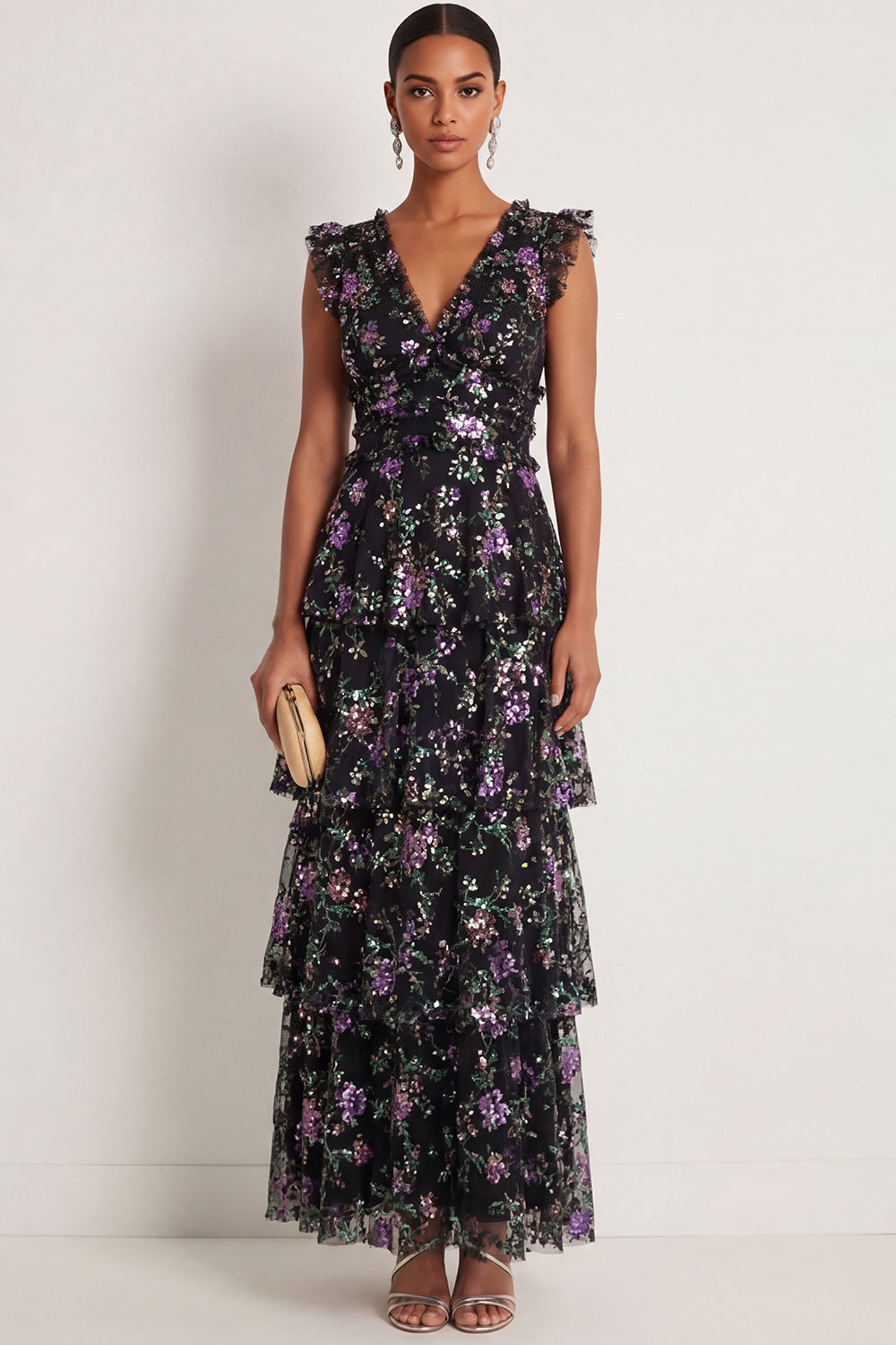 Black Sparkly Sequined Floral A Line Ruffled Tiered Long Formal Dress
