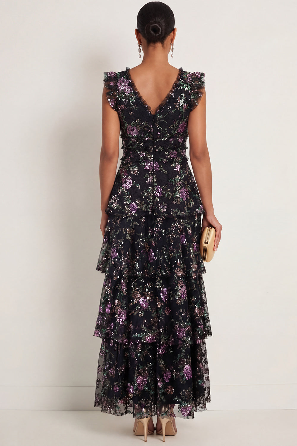 Black Sparkly Sequined Floral A Line Ruffled Tiered Long Formal Dress