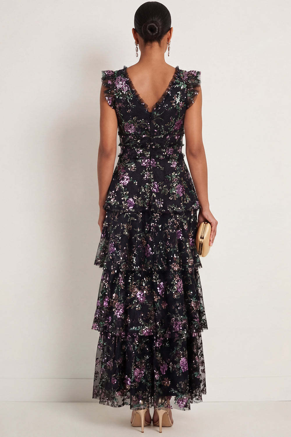 Black Sparkly Sequined Floral A Line Ruffled Tiered Long Formal Dress