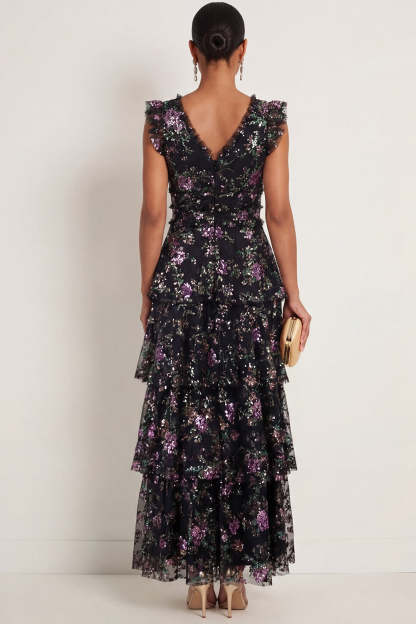 Black Sparkly Sequined Floral A Line Ruffled Tiered Long Formal Dress