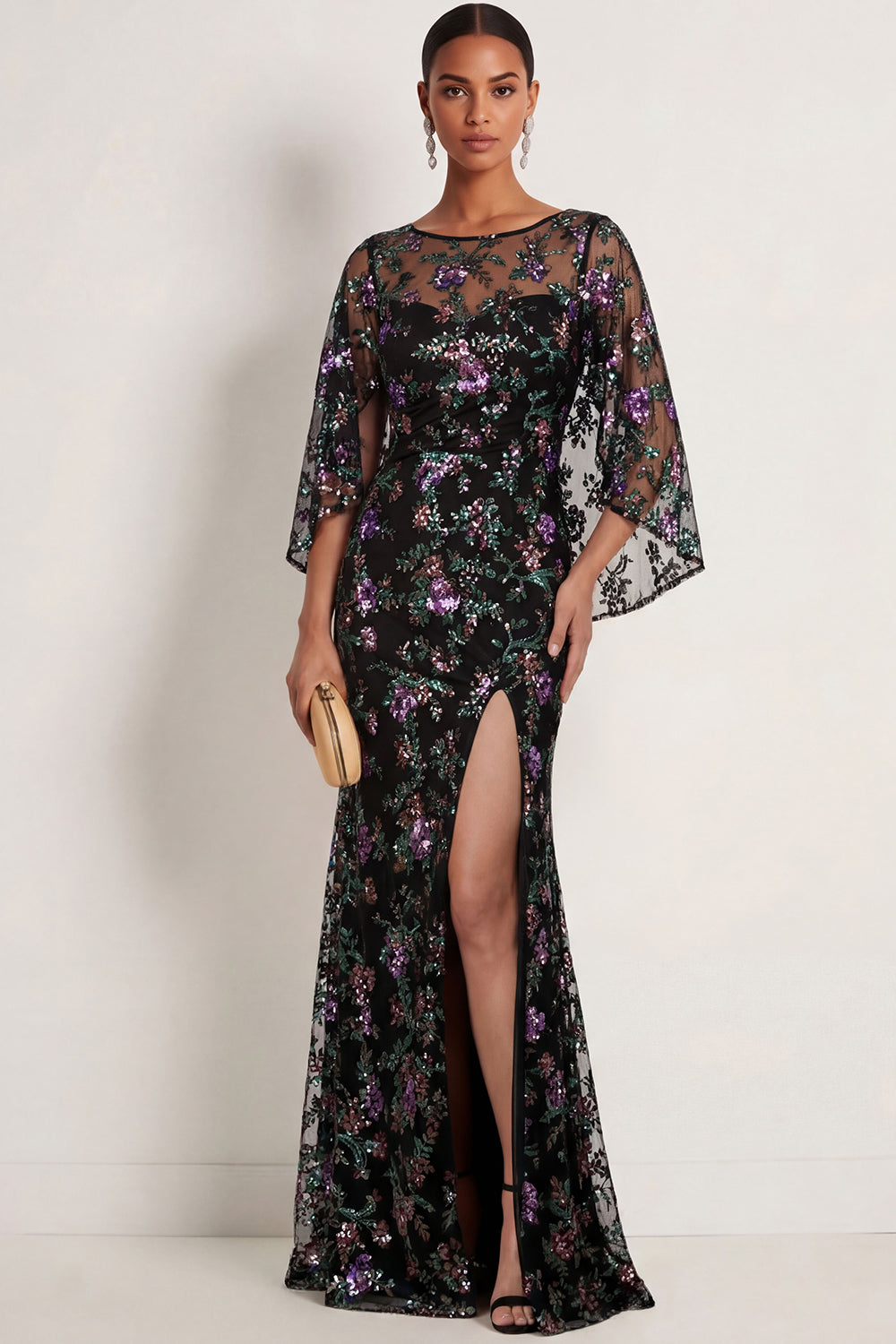 Black Sparkly Sequined Floral Mermaid Illusion Neck Long Formal Dress with Slit