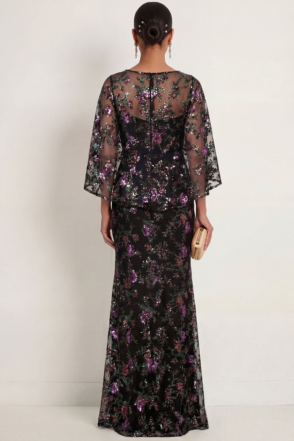 Black Sparkly Sequined Floral Mermaid Illusion Neck Long Formal Dress with Slit