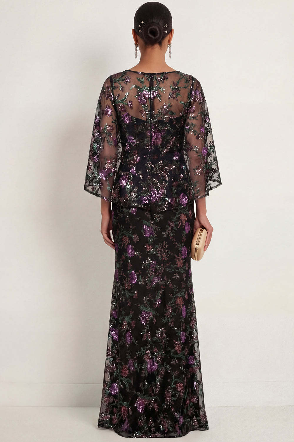 Black Sparkly Sequined Floral Mermaid Illusion Neck Long Formal Dress with Slit