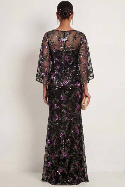 Black Sparkly Sequined Floral Mermaid Illusion Neck Long Formal Dress with Slit