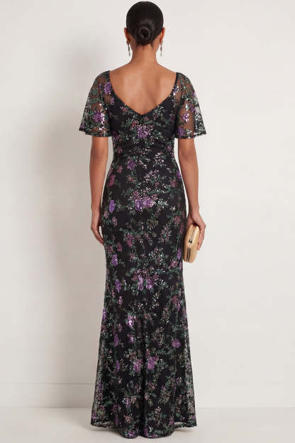 Black Sparkly Mermaid Floral Embroidered Long Formal Dress with Slit