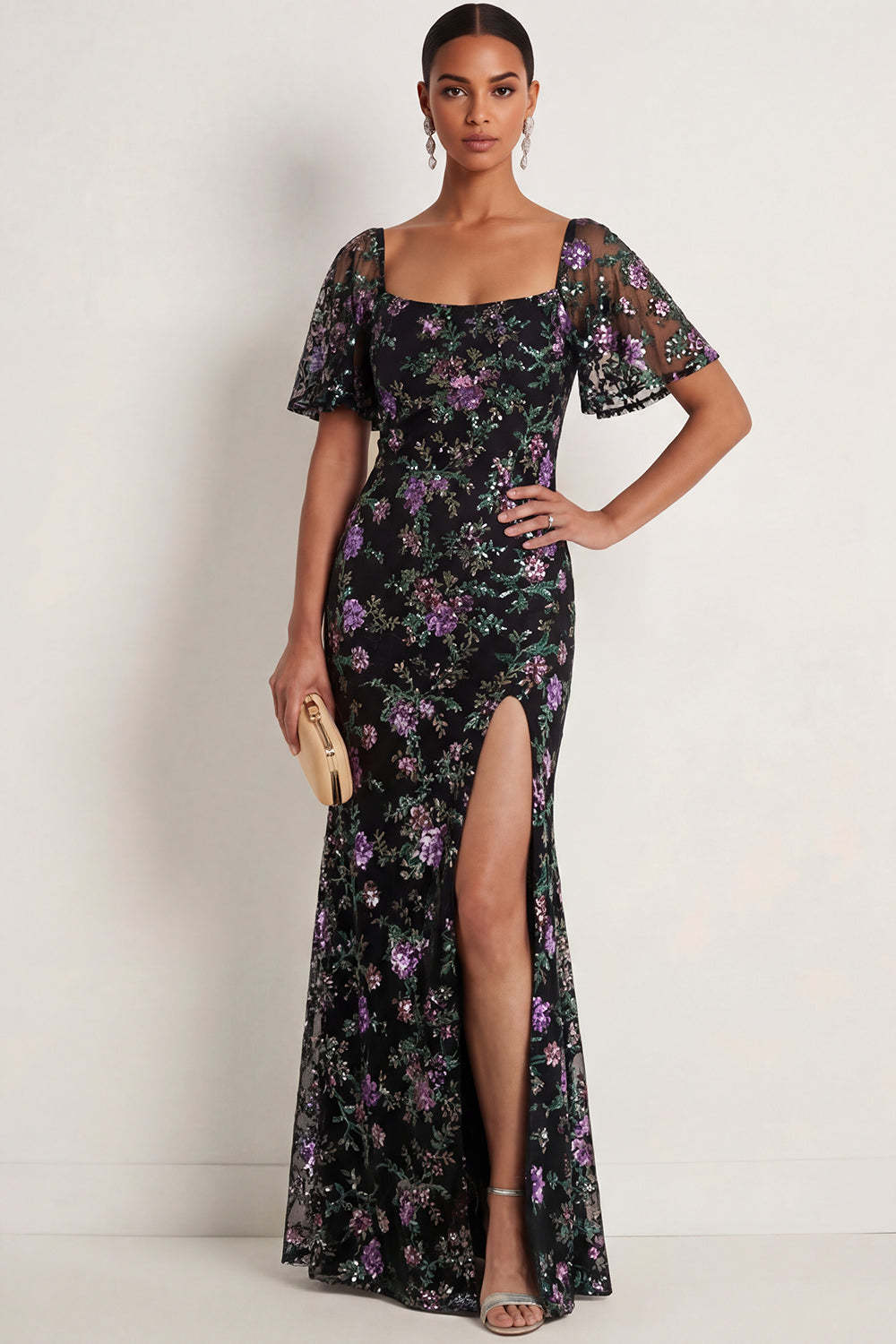 Leely Women Black Sparkly Mermaid Floral Long Formal Dress with Slit Square Neck Embroidered Evening Dress with Short Sleeves